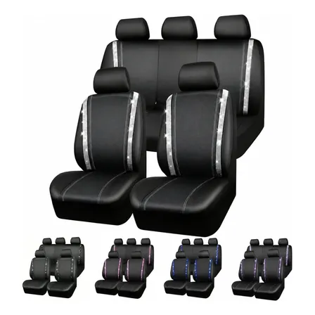 Juego Fundas Cubreasientos Para Auto Universales Impermeables Con Strass Silver 9pc
