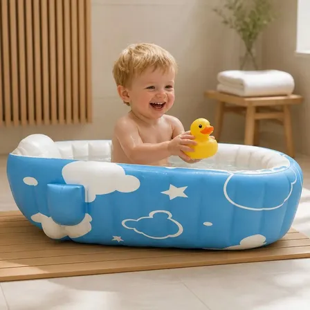 Bañera Inflable Bebes Antideslizante Acolchada Portatil Pleg Celeste