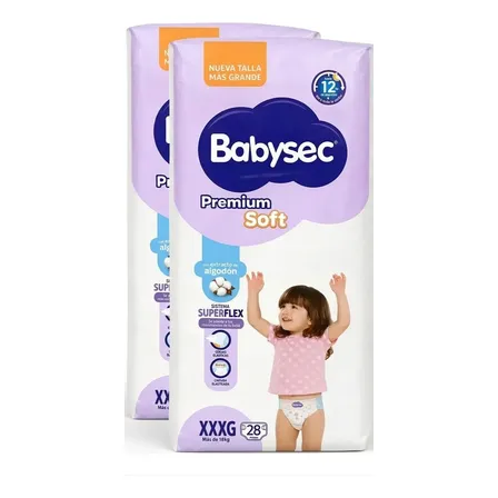 Pañales Babysec Premium Soft Xxxg Pack X2 Bolsones De 28u Xxxg Sin Género