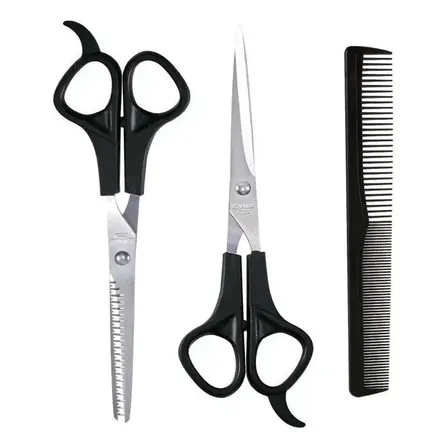 Kit Peluquería 3 Piezas Tijeras Entresacar Peine Negro