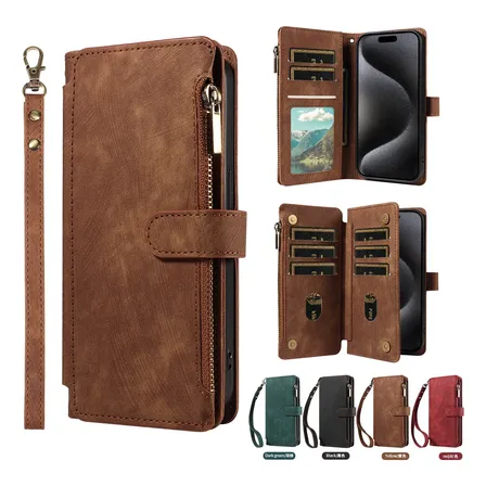 Funda De Teléfono Para iPhone 15, Funda Tipo Cartera, Tarjet Marrón Liso