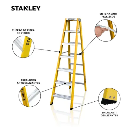 Escalera Dieléctrica Stanley Doble Acceso 7 Escalones Fibra de Vidrio 150 Kg