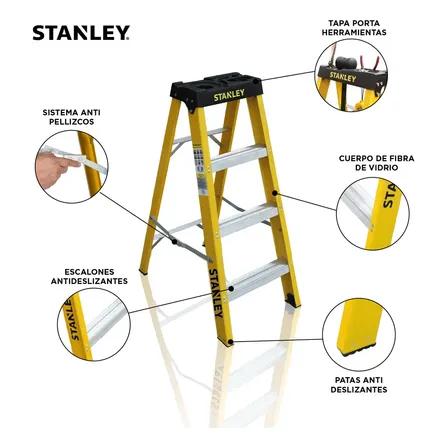 Escalera Tijera Dieléctrica Stanley Fibra 3 Escalones Con Porta Herramientas