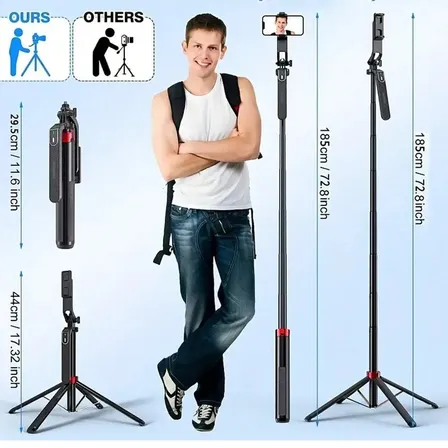 Palo Selfie Trípode 185 Cm Control Remoto 360 Negro