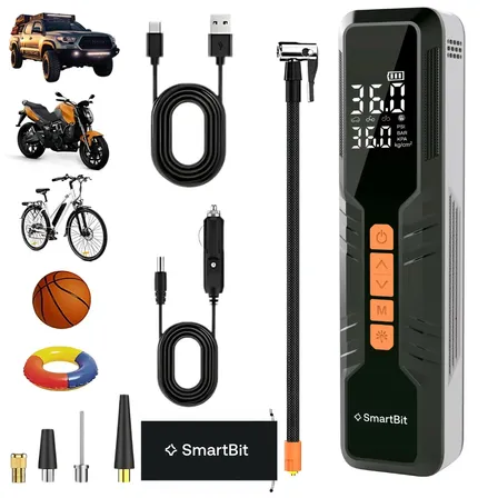 Inflador Electrico Auto Portatil Smartbit Urban Air Compresor Auto 12 V Para Ruedas De Camioneta Pick Up Suv Moto Bicicleta Pelota Power Bank 10000 Mah Linterna Stop Automatico De Inflado