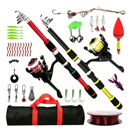 Combo De Pesca Completo x2 Personas: 2 Cañas Telescópicas 1,8m + 2 Reeles Con Tanza + Bolso De Transporte + Kit Con Variedad De Artículos Pesca Mar Y Río,caña con reel, Señuelos, Anzuelos, Boya