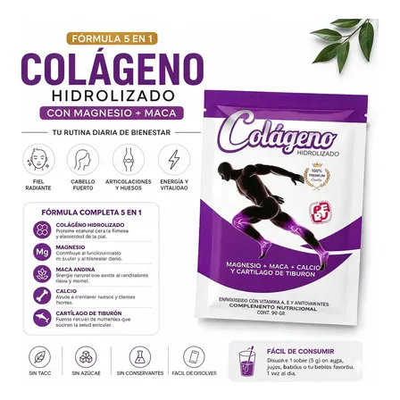 Colágeno Hidrolizado, Magnesio Y Maca X90gr - Fórmula 5 En 1 Colageno X 12u