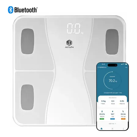 Balanza Digital Bluetooth Personal De Baño 180 Kg Bioimpedancia 4 electrodos Vidrio Medidor de Grasa Corporal y Masa Muscular Color Blanco