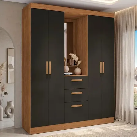 Armario Kappesberg con bisagras de 4 puertas y espejo, 160 cm, color canela y negro mate