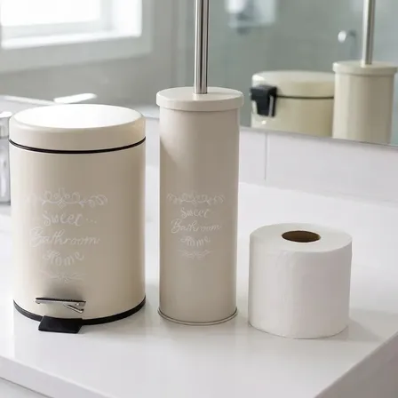 Set De Cesto Tacho Residuos 3lts Con Escobilla Para El Baño Color Crena