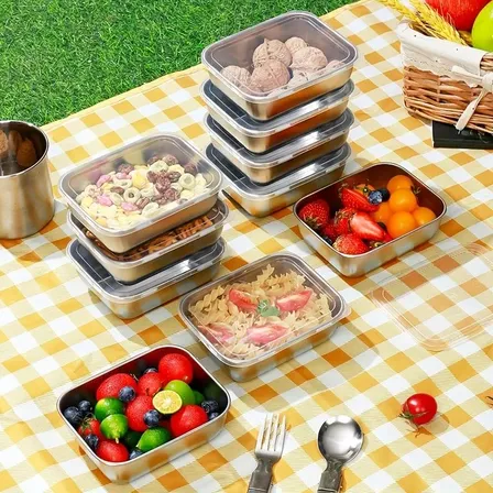 Contenedores 10 Piezas Acero Inoxidable Con Tapa Plateado
