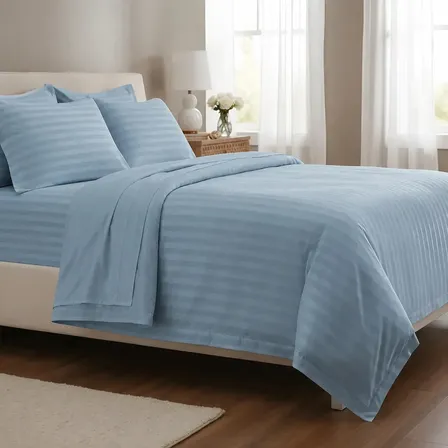 Juego De Sabanas Queen Size City Blanco Dobby Linea Hotel Color Celeste Diseño de la tela Rayas