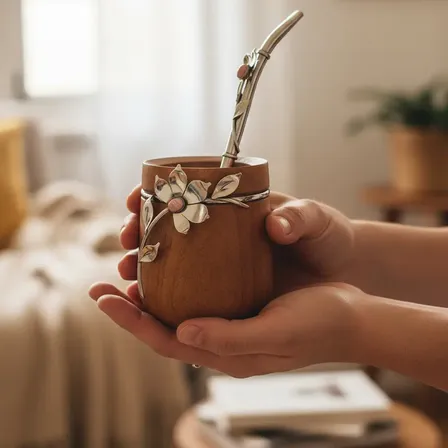 Juego Mate Bombilla Madera Caldén Y Alpaca  Piedra Florencia Rosa