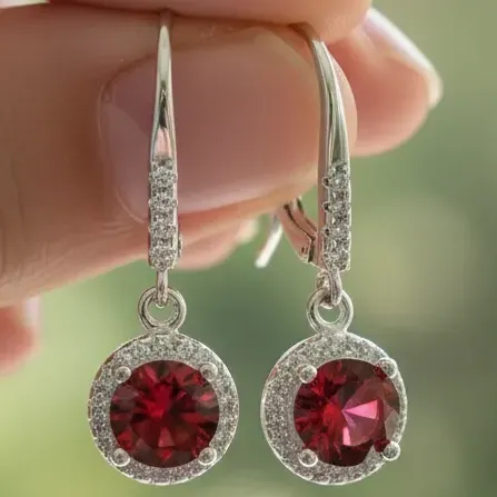 Aros Colgantes Plata 925 Redondos Cubic Rojo Regalo Mujer Rojo