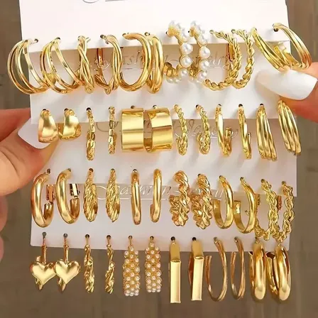 Set 24 Pares Aros Argolla Mujer Dorado