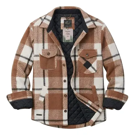 Camisaco Hombre Paño Pesado Premium Abrigado Urbano + Gorro Marron/blanco Xl Geométrico