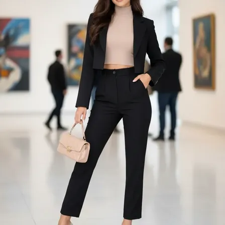 Conjunto Sastrero Mujer Bengalina Elastizado Pantalón Blazer Negro Lisa M