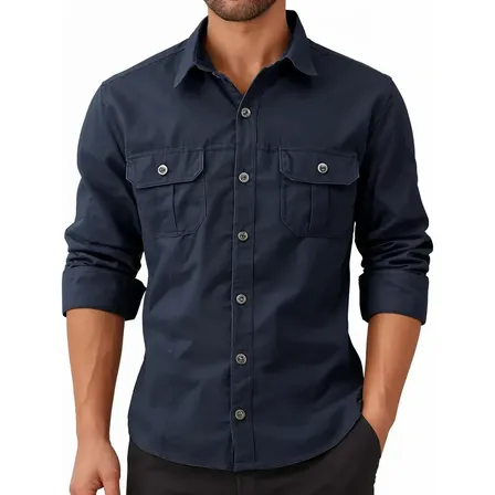 Camisas Casuales De Algodón De Manga Larga Con Botones Para Hombre Para El Trabajo Navy Liso S