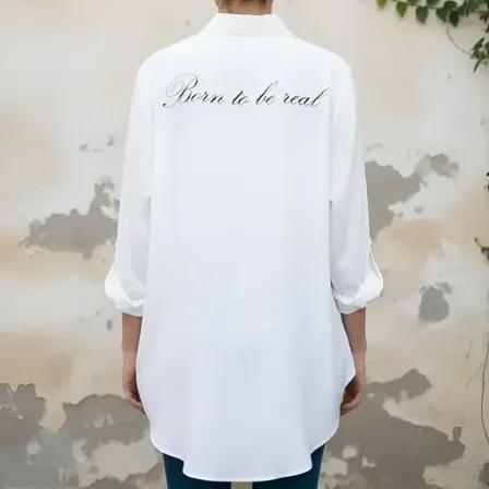 Camisa Amplia Con Frase En Espalda Y Mangas  Con Presillas Blanco Liso U