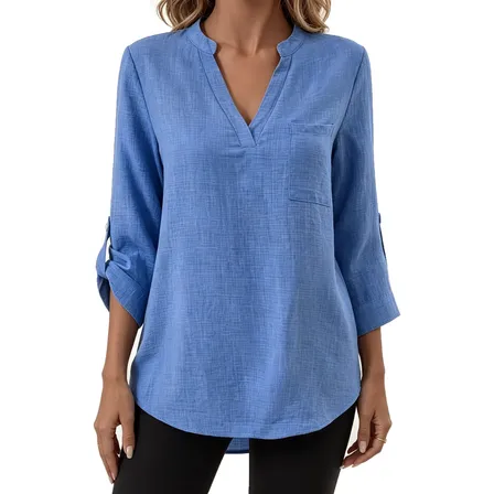 Camisa Mujer Cuello V Lino Algodón Manga Talla Grande Azul Liso Xl