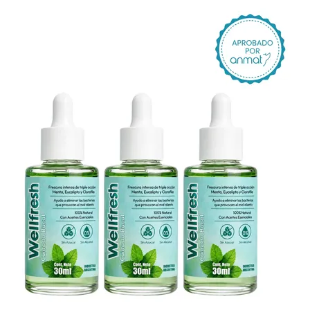 Pack 3 Wellfresh Gotero Gotas Mal Aliento Naturales Menta