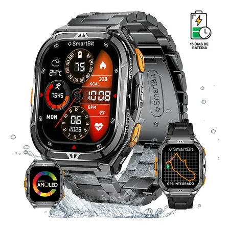 Reloj Inteligente Hombre Gps Integrado Satelital Smartbit Armor Smartwatch Sumergible 50 Metros +170 Deportes Llamadas Mensajes Acero Inoxidable Super Amoled 15 Dias De Bateria Malla Extra