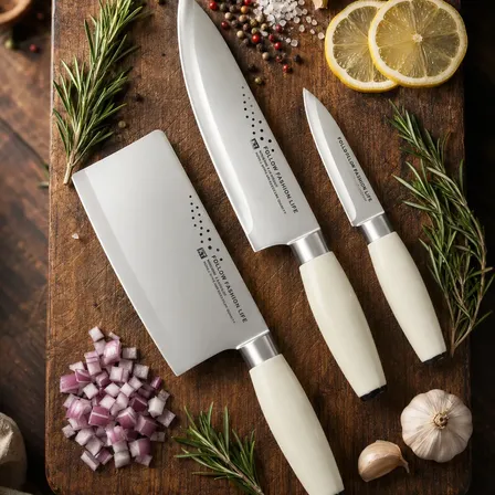 Set X3 Cuchillos De Cocina Chef Hacha Puntilla Mango Blanco Blanco