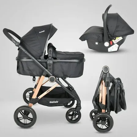 Cochecito de bebe 3 En 1 Moises Motek Sophy Plus Travel System Convertible Seguridad con Huevito Portabebe Autoasiento Color Negro y Dorado