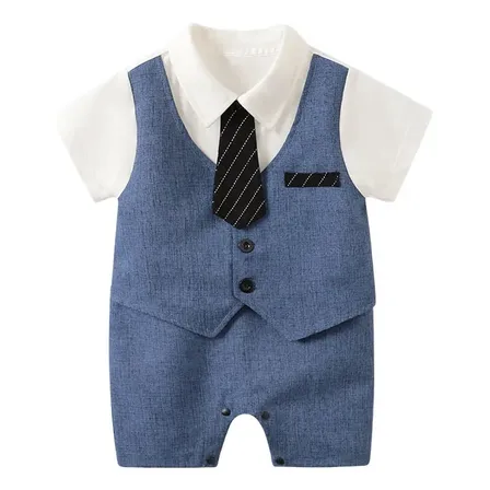 Enterito Tipo Traje Con Corbata Para Bebé Azul 6-9m Liso