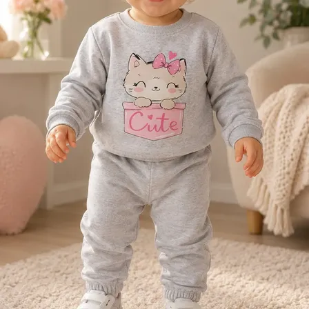 Conjunto Pantalón Buzo Bebe 100% Algodón Frisado Gris/gatito 4