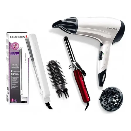 Kit Planchita De Pelo Remington + Secador + Cepillo Alisador Blanco