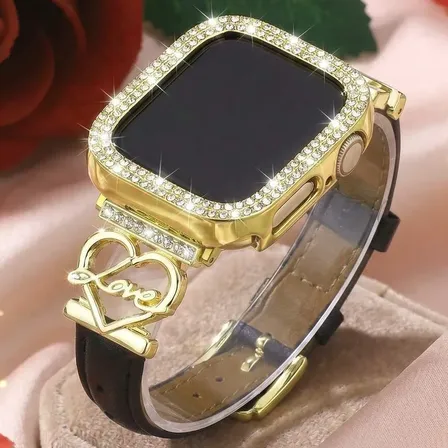 Malla Apple Watch Cuero Funda Strass Mujer Love Black Leather Strap + Gold Case 46 Mm