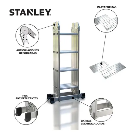 Escalera Articulada Profesional Stanley 16 Escalones 4x4 + Plataforma 150 Kg