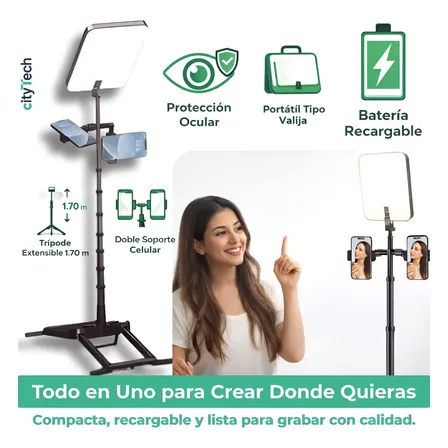 Panel Luz Led Valija Recargable Doble Celular Trípode 1.70m Negro Blanco Cálido/neutro/frío