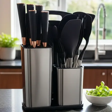 Set X19 Kit Utensilios De Cocina Mango Acero Punta Silicona