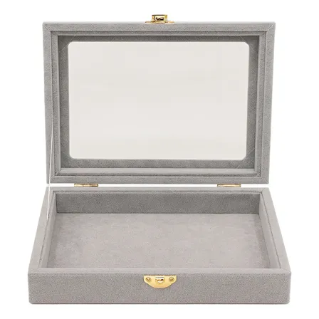 Exhibidor Terciopelo Gris para Anillos y Aros con Tapa Transparente