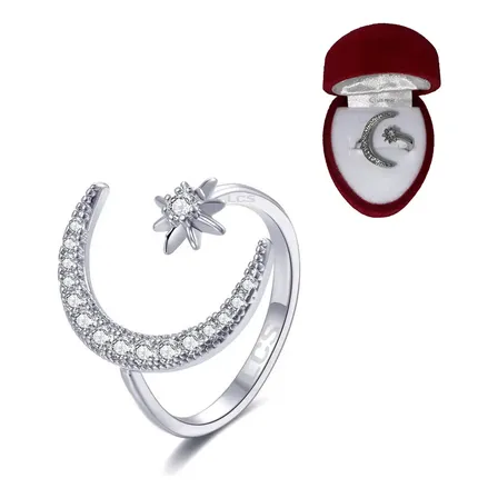 Anillo Luna Regulable Baño Rodio Con Estuche De Pana Regalo