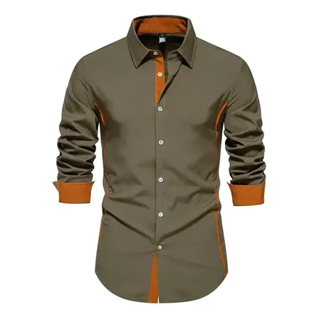 Camisa Hombre Manga Larga Bicolor Estilo Británico Otoño Military Green Liso 2xl