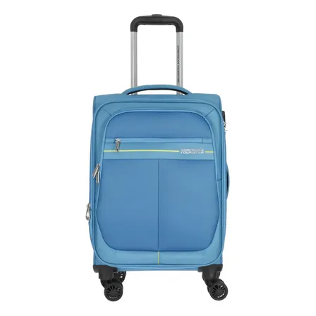 Valija Carry On American Tourister Skyland Cabina Expandible Semi Rígida Candado Tsa Bolsillos Delanteros Ruedas Dobles Tela Azul