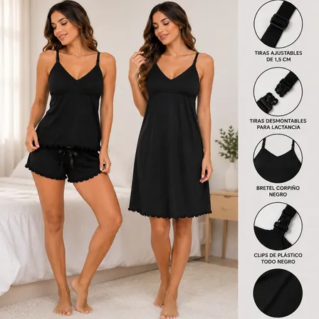 Combo Maternal 3 Prendas Camison+pijama Amamantar Lactancia Negro Morley Puntilla Negra L Camison Y Pijama