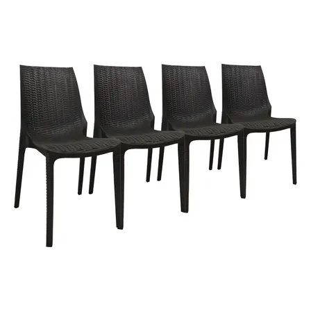 Silla Plástica Apilable X 4 Unidades Reforzada Simil Ratan Harmony Color Negro Para Tu Casa