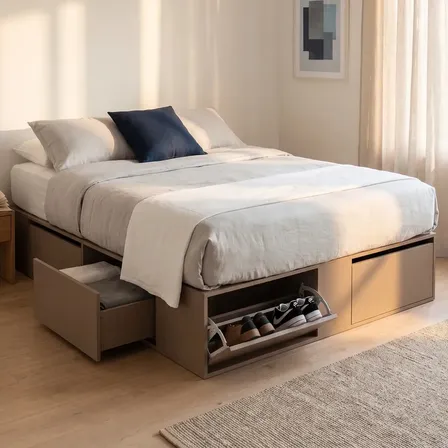 Cama Box 2 Plazas Queen Xl Extensible 140 Cm O 160 Cm Con Cajones Zapateros Baulera Color Gris Arcilla Dormitorio Moderna Guardado Completo Cam160 Dielfe