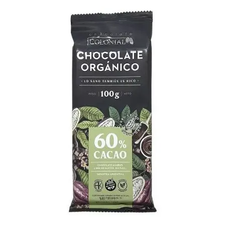 Chocolate Barra Organico Negro 60% Cacao Colonial 100g