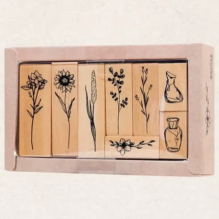 Kit 8 Piezas Set Sellos Botánico Flores Vintage Madera
