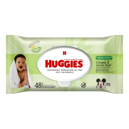 TOALLITAS HUMEDAS HUGGIES LIMPIEZA EFECTIVA X48 UNIDADES CON ALOE VERA Y VITAMINA E PH BALANCEADO LIMPIA DOS VECES MAS REMUEVE MEJOR LOS RESIDUOS IRRITANTES DERMATOLÓGICAMENTE PROBADAS