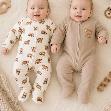 Pijama Enterito Nene Set X2 Ropa Abrigada Bebé Recién Nacido Marrón Ositos 0-1m
