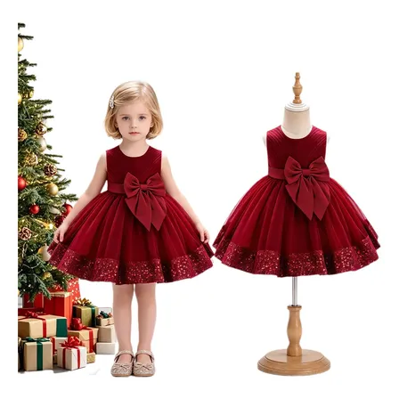 Vestido De Fiesta Princesa Para Bebé Niña Wine Red Liso 100