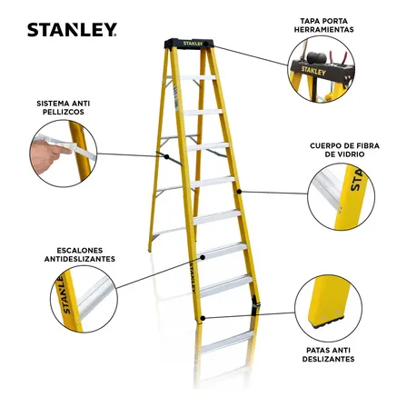 Escalera Tijera Dieléctrica Stanley Fibra De Vidrio 7 Escalones Con Portaherramientas