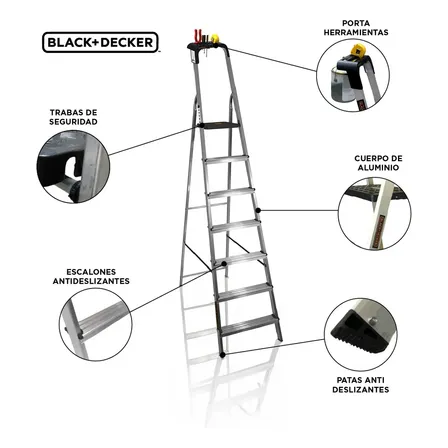 Escalera Black + Decker 7 Escalones 150k Aluminio Reforzada Gris