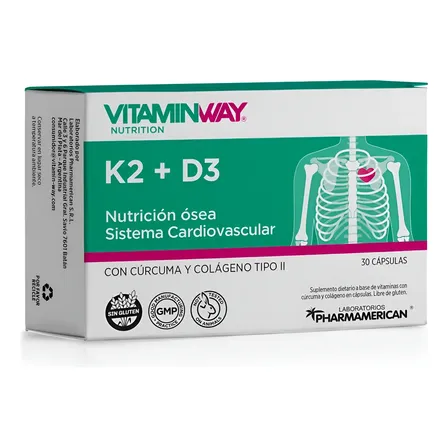 Vitamina K2 + D3 Cápsulas con Cúrcuma y Colágeno Tipo II 30 Unidad